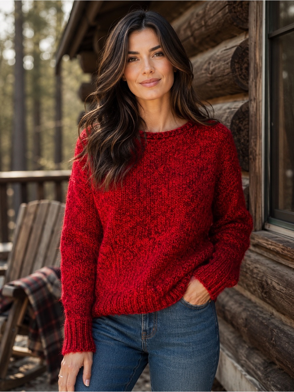 L.L Bean red and black basket weave knit 100% Lambswool Women’s sweater Sz M